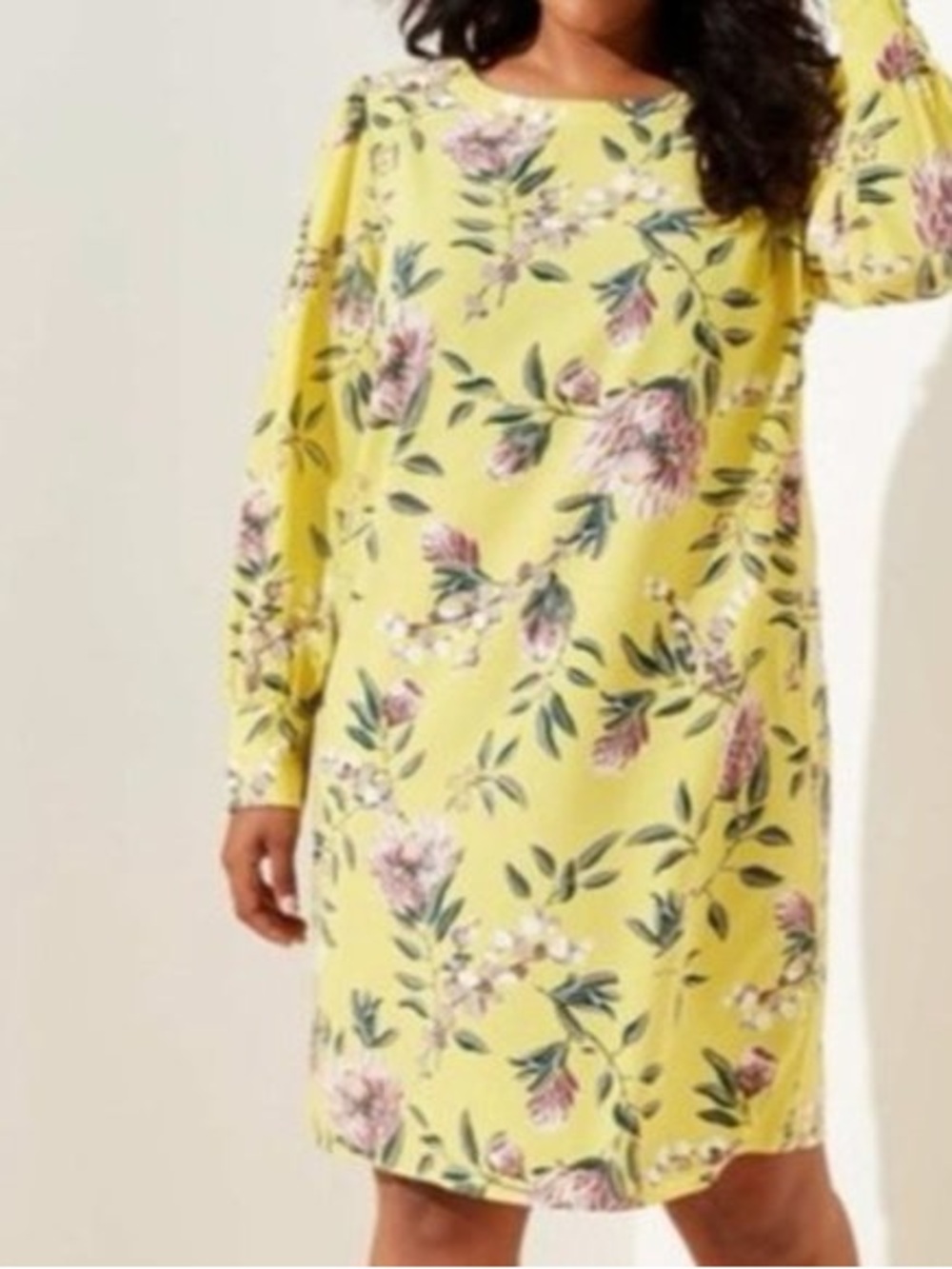 LOFT Yellow Floral Long Sleeve Shift Dress